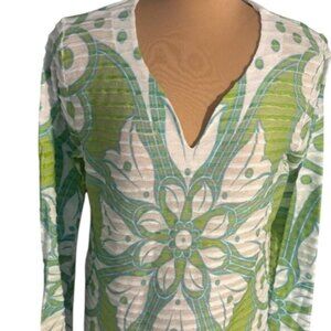 Before + Again Green White Floral V-Neck Stretch Top Long Sleeve Size L